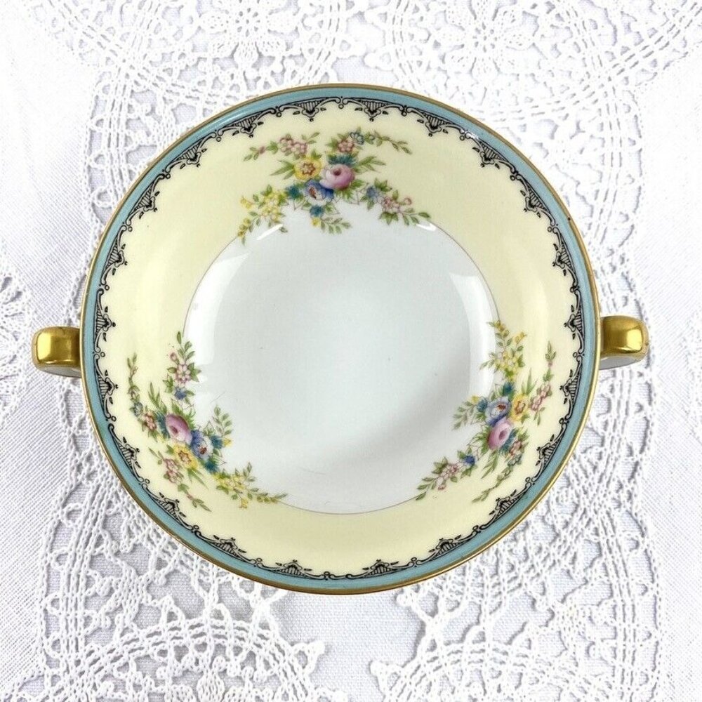 Meito China Cream Soup Bowl Double Handle Hand Painted Floral Gold Trim Japan